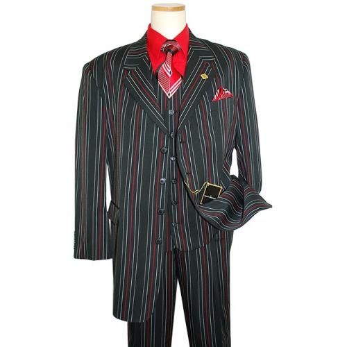 Stacy Adams Black/Red Stripes Super 100's  Reversible Vest Suit